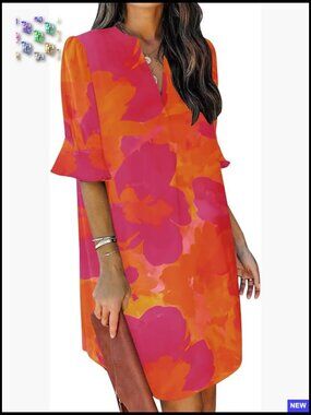 Floral V-Neck Shift Dress Ruffle Sleeve Casual Chic Summer Midi